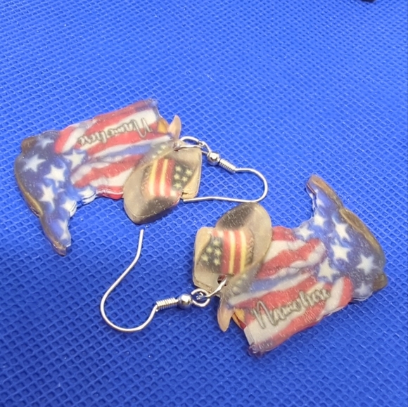 Flag Fun Western Boots/Hat Earrings Red White Blue Flag New - Picture 4 of 10